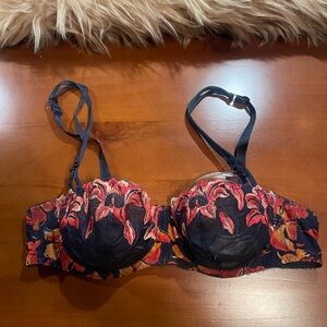 AUBADE 38C unlined Blue Demi bra with vibrant red floral embroidery